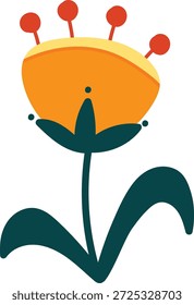 Flower with rounded petal, pistil tips, stem, and curved leaf in bold shapes. Symbol of growth, spring, and nature renewal for greeting and branding. Cartoon vector illustration.