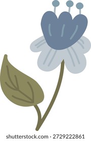Flor com pétala arredondada, pontas de estame e uma única folha em um tronco curvo em linha de desenho animado limpo. Símbolo de crescimento, natureza, primavera, elegância botânica para decoração ou branding. Ilustração de vetor de desenhos animados.