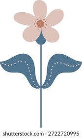 Flor con pétalo redondeado, tallo alto y dos hojas decorativas con detalles punteados. Símbolo de crecimiento, naturaleza y armonía para la primavera y temas botánicos. Ilustración vectorial de dibujos animados.