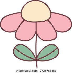 Flor con pétalos redondeados, contorno audaz y dos hojas ovaladas en un tallo. Símbolo de crecimiento, belleza y naturaleza para saludos, marca y temas de primavera. Ilustración vectorial de dibujos animados.