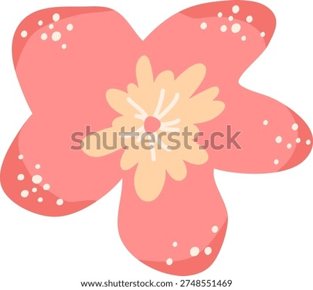 Flower with rounded petals and dotted accents, soft stamen details in a bold silhouette. Symbol of beauty, nature, and spring bloom for romance and wellness themes. Cartoon vector illustration.