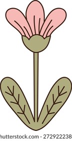 Flower with rounded petals, long stem, and veined leaves in bold outline. Symbol of growth, wellness, and nature harmony for branding and decor. Cartoon vector illustration.