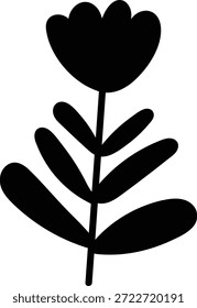 Flower with rounded petals and oval leaves on a single stem in bold silhouette. Symbol of nature, growth, purity, and elegance for decor and branding. Cartoon vector illustration.