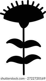 Flor con pétalos redondeados, tallo alto y dos hojas en capas en silueta atrevida. Símbolo de crecimiento, naturaleza y elegancia para la marca ecológica y temas de bienestar. Ilustración vectorial de dibujos animados.