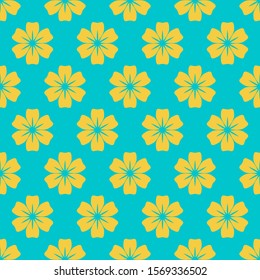 Flower with rounded yellow petals seamless vector pattern. Green background. Fabric designs.