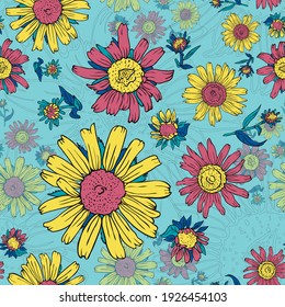 Flower rudbeckia. Garden and meadow plant rudbeckia. Seamless vector pattern with flowers. Hand drawing.
