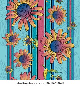 Flower rudbeckia. Garden and meadow plant rudbeckia. Seamless vector pattern with flowers, lines and geometry. Hand drawing.
