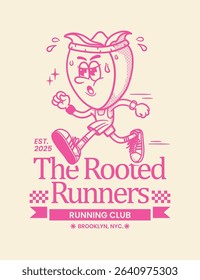 Flower running club logo illustration, cartoon mascot illustration, retro mascot template, Flower illustration