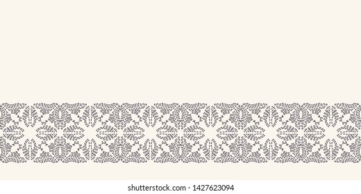 Flower running stitch embroidery border pattern. Simple needlework  Hand drawn geometric floral mosaic. Textile ribbon trim. Ecru cream home decor. Monochrome sashiko style. Seamless vector background
