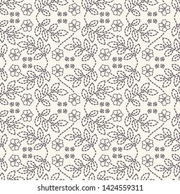 Flower running stitch embroidery pattern. Simple needlework seamless vector background. Hand drawn geometric floral mosaic textile print. Ecru cream handicraft home decor. Monochrome sashiko style.