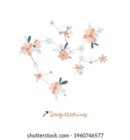 Flower Sagittarius zodiac sign clip art isolated on white. Celestial floral daisy constellation vector illustration. Magical Boho spiritual bloomy astrological design.