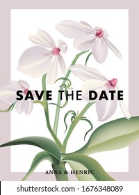 Flower Save the date card with realistic Aerangis luteo alba. Rustic bridal illustration graphic design template. Boho holiday greeting paper stationery advertising poster. Vector.