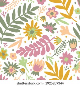 Flower scandinavian doodle seamless pattern with multicolored flowers. White isolated vector stock illustration (EPS10)