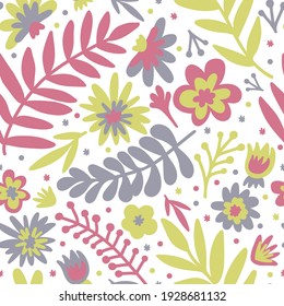 Flower scandinavian doodle seamless pattern with flowers (yellow, green, blue, pink). White isolated vector stock illustration (EPS10).