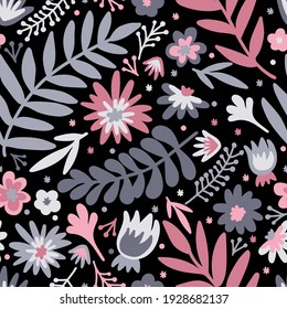 Flower scandinavian doodle seamless pattern with flowers (gray, pink). White isolated vector stock illustration (EPS10).