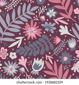 Flower scandinavian doodle seamless pattern with flowers (gray, pink, maroon). White isolated vector stock illustration (EPS10).