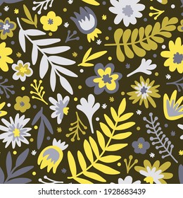Blumenskandinavisches Muster, nahtlos mit Blumen (blau, gelb, grün). Weiße einzelne Vektorgrafik (EPS10).