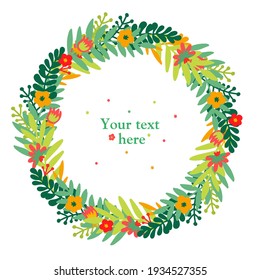 Flower scandinavian doodle spring (or summer) wreath with multicolored flowers and leaves (orange, sea, green, red). White isolated vector stock illustration (EPS10).