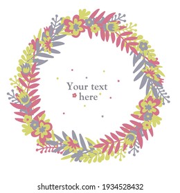 Flower scandinavian doodle spring (or summer) wreath with multicolored flowers and leaves (green, pink, purple, yellowgreen). White isolated vector stock illustration (EPS10).