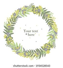 Flower scandinavian doodle spring (or summer) wreath with multicolored flowers and leaves (green, purple, yellowgreen). White isolated vector stock illustration (EPS10).