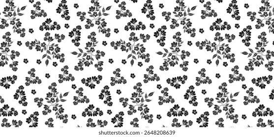 Flower scatter seamless pattern on transparent background. Floral seamless background wrapping, textile and fabric. Black color