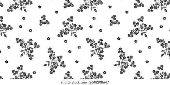 Flower scatter seamless pattern on transparent background. Floral seamless background wrapping, textile and fabric. Black color