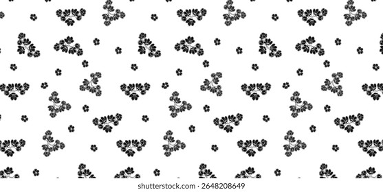 Flower scatter seamless pattern on transparent background. Floral seamless background wrapping, textile and fabric. Black color