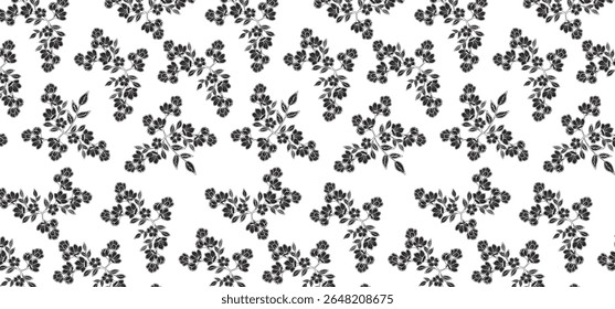 Flower scatter seamless pattern on transparent background. Floral seamless background wrapping, textile and fabric. Black color