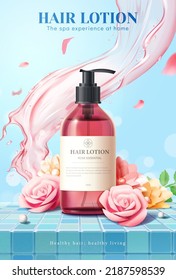 Flower scented hair lotion ad. 3D Illustration of pink dispenser bottle on blue tiled surface decorated with fresh blossom flowers and pearls. Pink liquid splashing on light blue background.