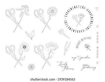 Flower with scissors monochrome hand drawing logo set. Stamp and elements for florist and gardening design with lettering text. Vintage ink peony’s flower, scissors and gardening tools isolated.