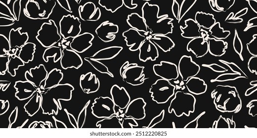 Fundo de flor sem emenda. Abstrato mão desenhado linhas padrão floral. Impressão moderna em preto e branco. Ideal para design têxtil, impressão de tecido, papel de parede, decoração, cartões e cartazes.