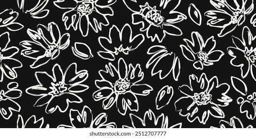 Flower seamless background. Abstract hand drawn lines floral pattern. Modern print in black and white. Ideal for textile design, fabric printing, wallpaper, decoration, cards, and posters.