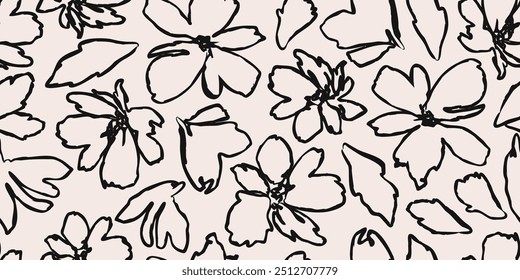 Flower seamless background. Abstract hand drawn lines floral pattern. Modern print in black and white. Ideal for textile design, fabric printing, wallpaper, decoration, cards, and posters.
