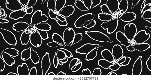 Flower seamless background. Abstract hand drawn lines floral pattern. Modern print in black and white. Ideal for textile design, fabric printing, wallpaper, decoration, cards, and posters.