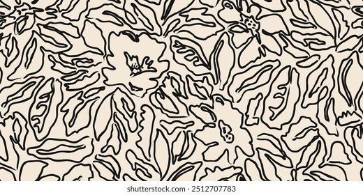 Fundo de flor sem emenda. Abstrato mão desenhado linhas padrão floral. Impressão moderna em preto e branco. Ideal para design têxtil, impressão de tecido, papel de parede, decoração, cartões e cartazes.