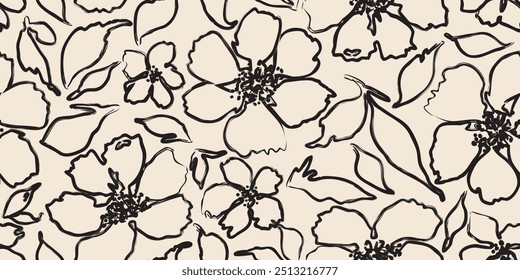 Flower seamless background. Abstract hand drawn lines floral pattern. Modern print in black and white. Ideal for textile design, fabric printing, wallpaper, decoration, cards, and posters.