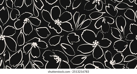 Flor de fondo sin fisuras. Abstractas patrón floral de líneas dibujadas a mano. Estampado moderno en blanco y negro. Ideal para diseño textil, estampado de telas, Fondo de pantalla, decoración, tarjetas y carteles.