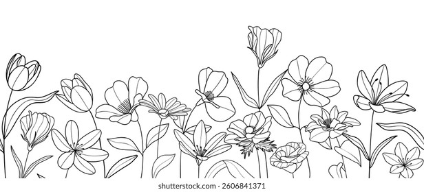 Flower seamless background art vector set. Black and white Flower and leaves  doodle wallpaper design for print and Packaging design. 
