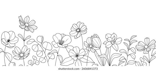 Flower seamless background art vector set. Black and white Flower and leaves  doodle wallpaper design for print and Packaging design. 