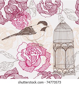 flower seamless background with bird and cage