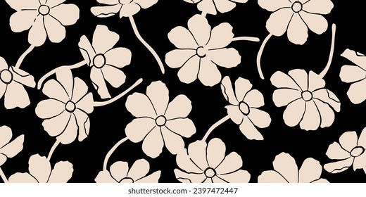 Flower seamless background. Minimalistic abstract floral pattern. Modern print in black and white background. Ideal for textile design, wallpaper, covers, cards, invitations and posters.