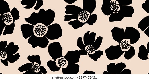 Flower seamless background. Minimalistic abstract floral pattern. Modern print in black and white background. Ideal for textile design, wallpaper, covers, cards, invitations and posters.