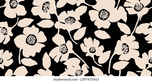 Flower seamless background. Minimalistic abstract floral pattern. Modern print in black and white background. Ideal for textile design, wallpaper, covers, cards, invitations and posters.