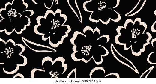 Flower seamless background. Minimalistic abstract floral pattern. Modern print in black and white background. Ideal for textile design, wallpaper, covers, cards, invitations and posters.