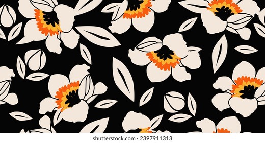 Flower seamless background. Minimalistic abstract floral pattern. Modern print in black and white background. Ideal for textile design, wallpaper, covers, cards, invitations and posters.