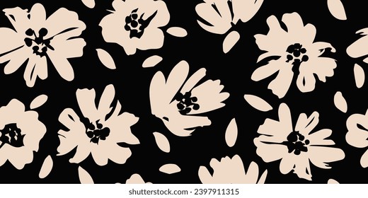 Flower seamless background. Minimalistic abstract floral pattern. Modern print in black and white background. Ideal for textile design, wallpaper, covers, cards, invitations and posters.