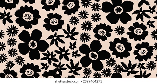 Flower seamless background. Minimalistic abstract floral pattern. Modern print in black and white background. Ideal for textile design, wallpaper, covers, cards, invitations and posters.