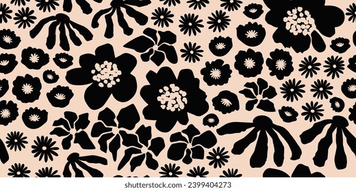 Flower seamless background. Minimalistic abstract floral pattern. Modern print in black and white background. Ideal for textile design, wallpaper, covers, cards, invitations and posters.