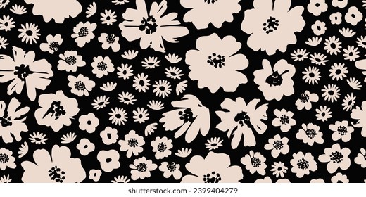 Flower seamless background. Minimalistic abstract floral pattern. Modern print in black and white background. Ideal for textile design, wallpaper, covers, cards, invitations and posters.