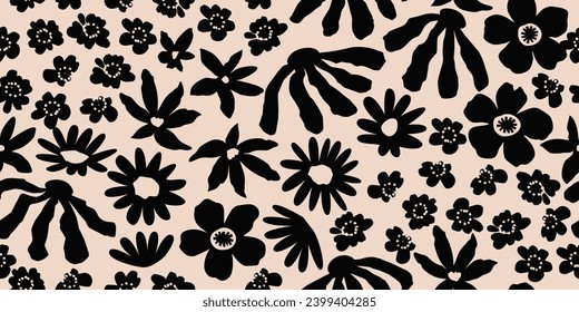 Flower seamless background. Minimalistic abstract floral pattern. Modern print in black and white background. Ideal for textile design, wallpaper, covers, cards, invitations and posters.